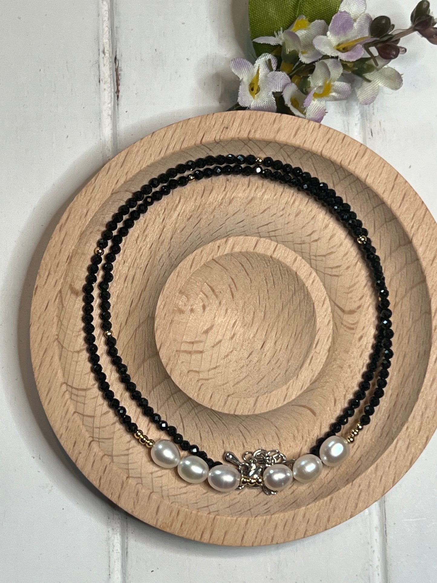 Convertible Bracelet / necklace - Pearls and Sparkly Spinel faceted beads with gold tone findings